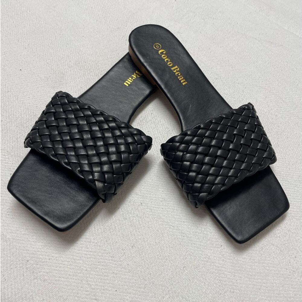 Coco Beau Black Braided Slip On Sandals, Square Toe, Ladies size‎ 8